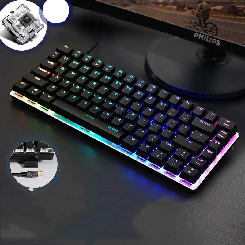 Heijue AK33 82-key mechanical keyboard black shaft white light version on desk with metal panel