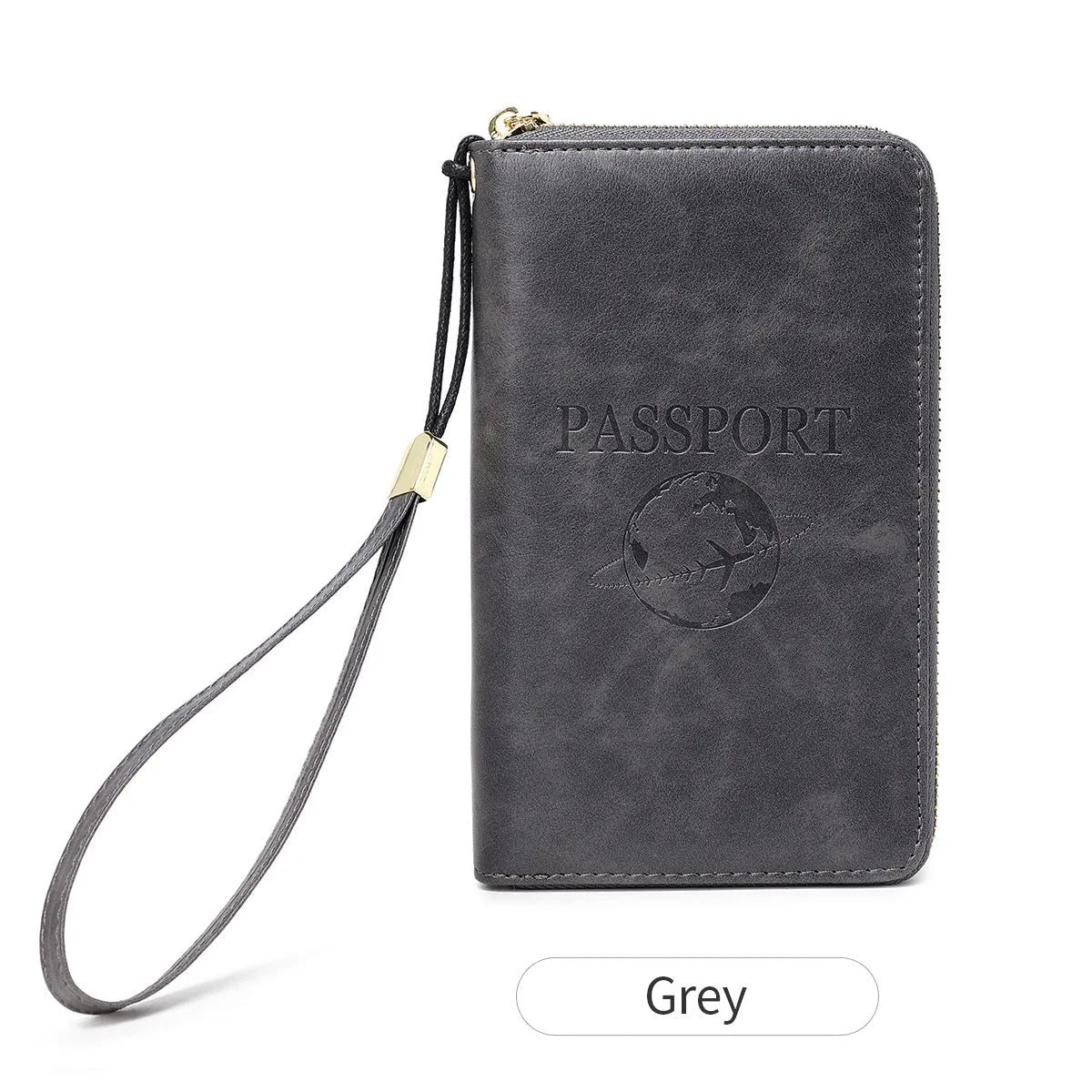 Brown PU travel document wallet with zip, open to show credit card slots and passport space.
