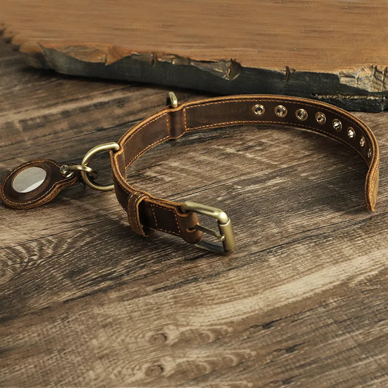 Brown retro-style genuine leather dog collar with handmade cowhide construction and halter positioning