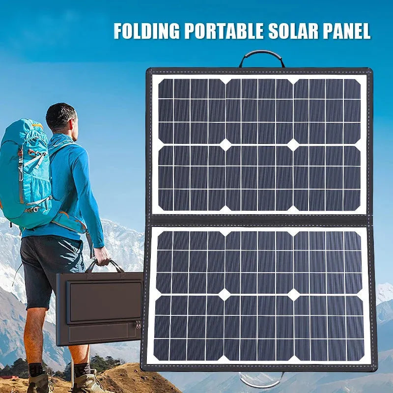 Black fabric folding bag containing a 40W single crystal solar panel, shown folded to its 42.5cm by 28.5cm size.
