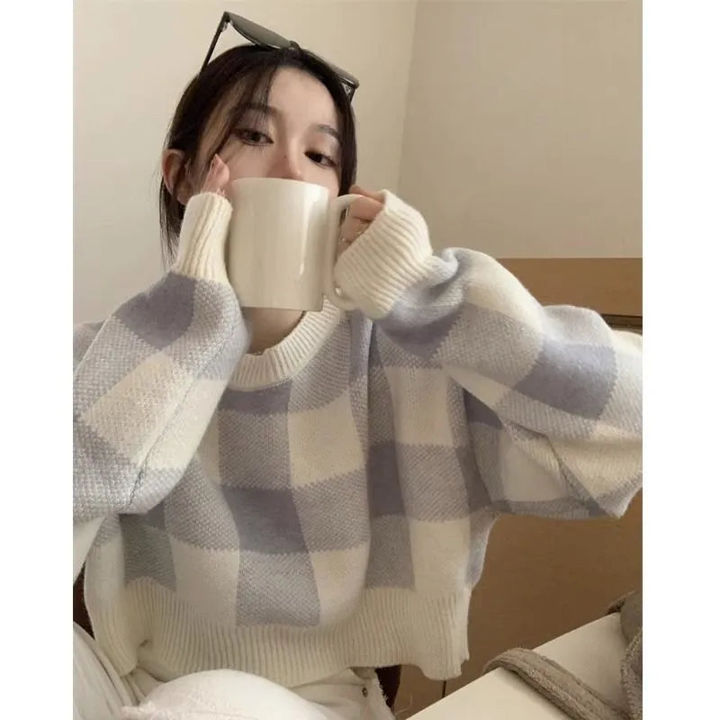 Women's plaid lattice short sweater pullover in black, blue, brown, sizes S-2XL, long sleeves, casual urban style