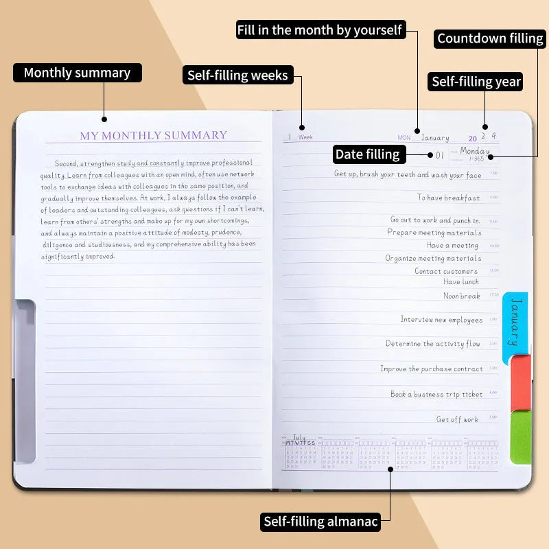 Creative undated notebook with PU cover in six colours, showing thread binding and planning stickers