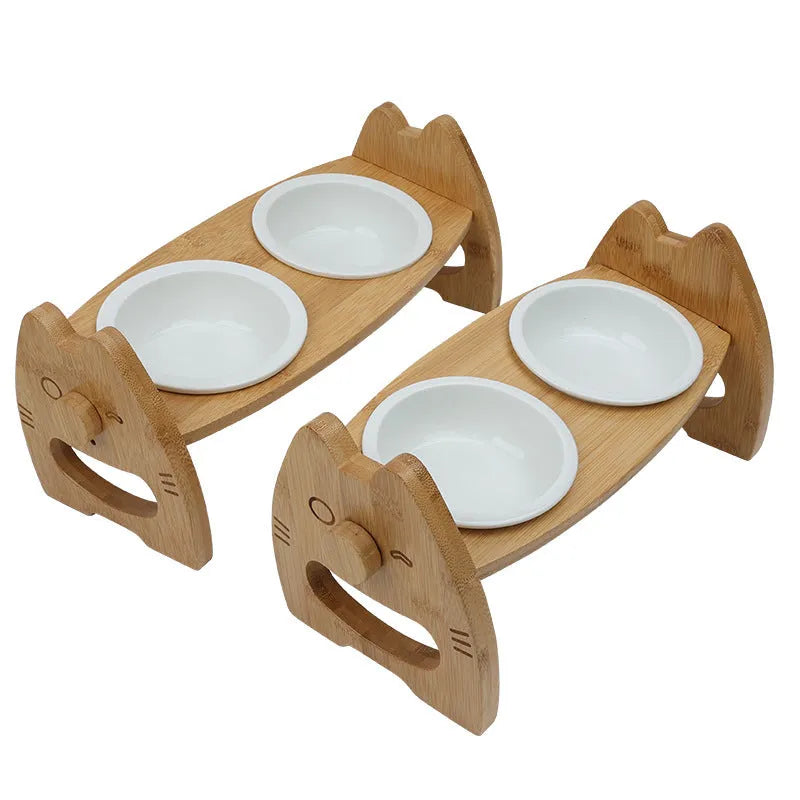 Height-adjustable ceramic double pet bowl on bamboo stand with separate bowls for dogs and cats