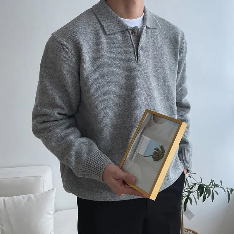 Men's lapel polo sweater loose fit pullover in beige, with long sleeves and lapel collar