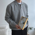 Men's lapel polo sweater loose fit pullover in beige, with long sleeves and lapel collar