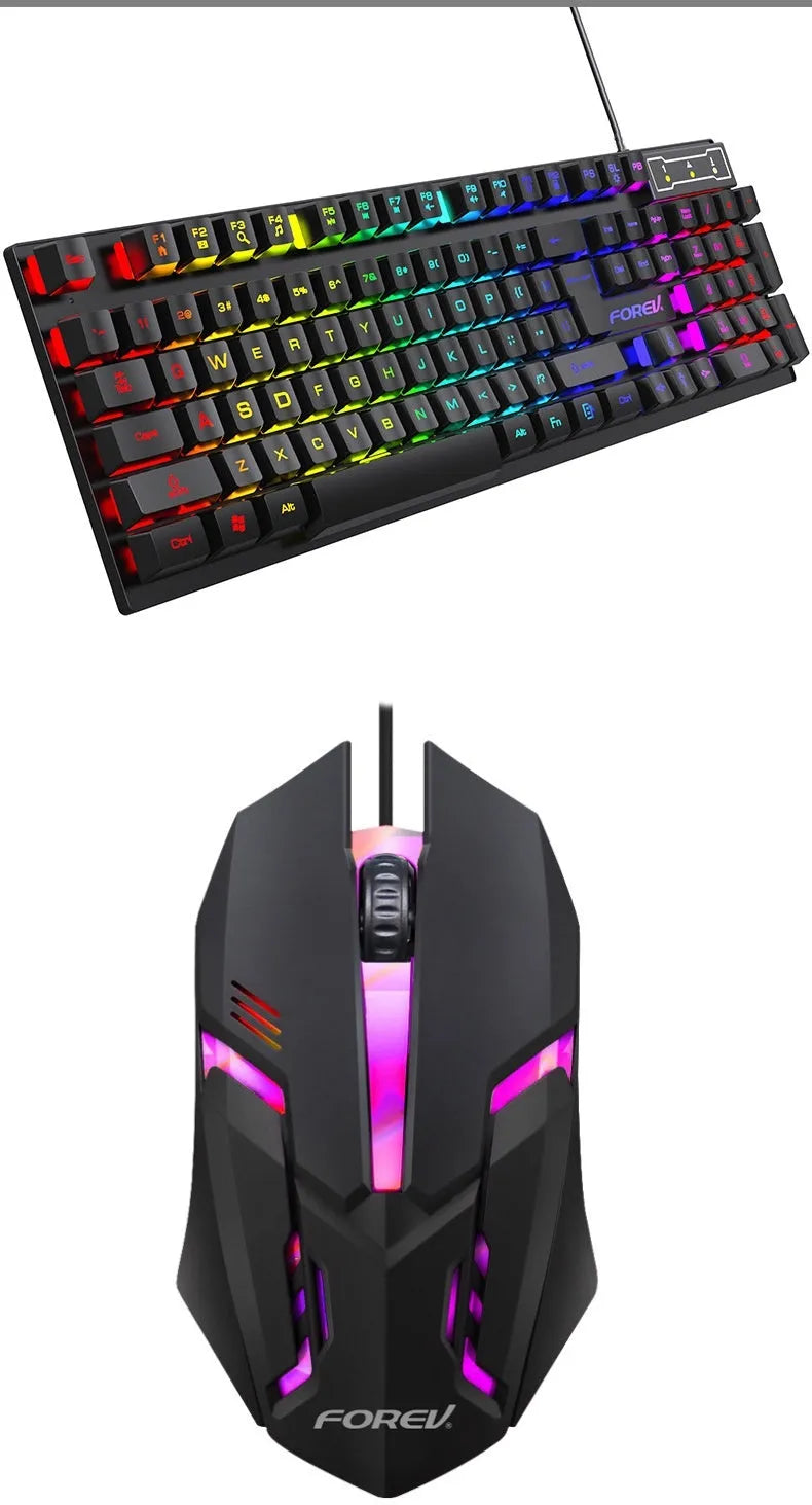 Black gaming keyboard with 104 backlit keys bundled with matching mouse on desktop