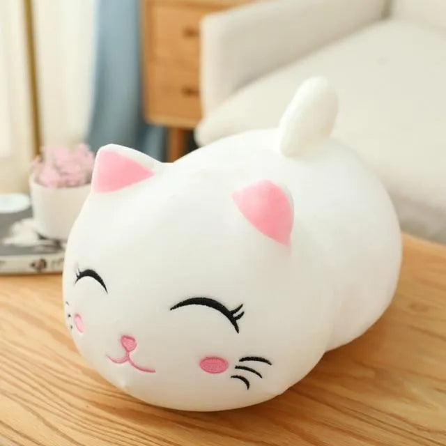 Soft grey fat cat plush doll filled with down cotton on a white background.