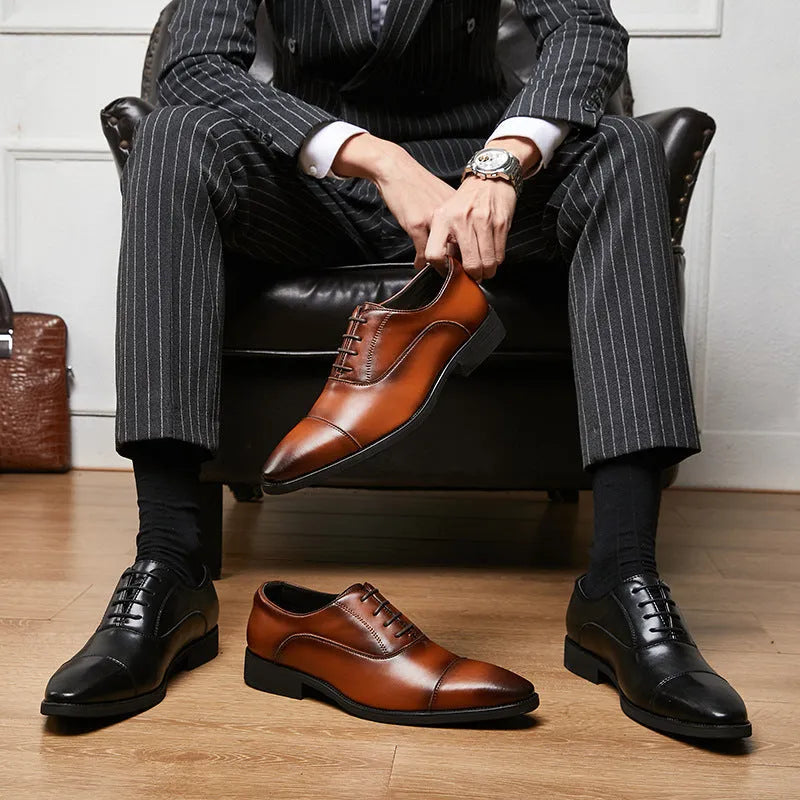Men's genuine leather Oxford business formal shoes with height increasing insole, black colour, low top