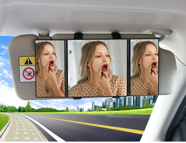 Silver car folding makeup mirror shown both closed and opened, with ABS frame and glass mirror.