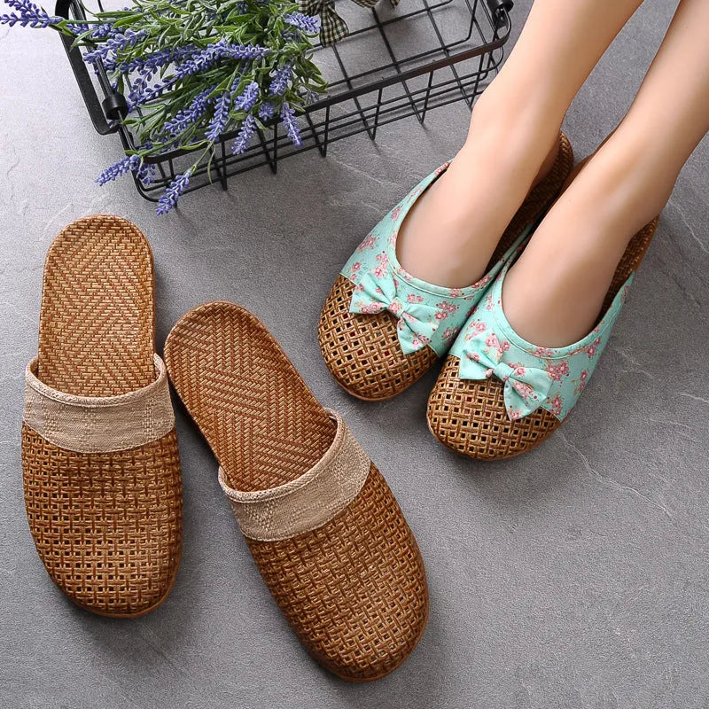 Indoor non-slip thick-soled floor linen slippers with toe holder, available in multiple colours