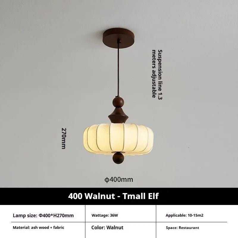 Mid-ancient French retro fabric ceiling lamp with ash wood frame in walnut colour on a ceiling