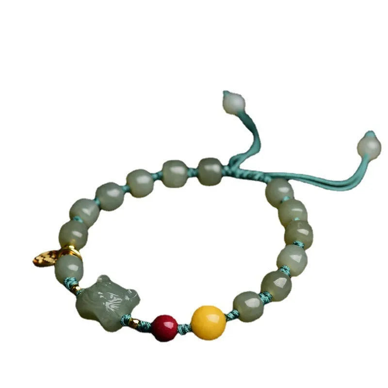 Natural Hetian jade bracelet with cinnabar and beeswax beads, animal zodiac modelling