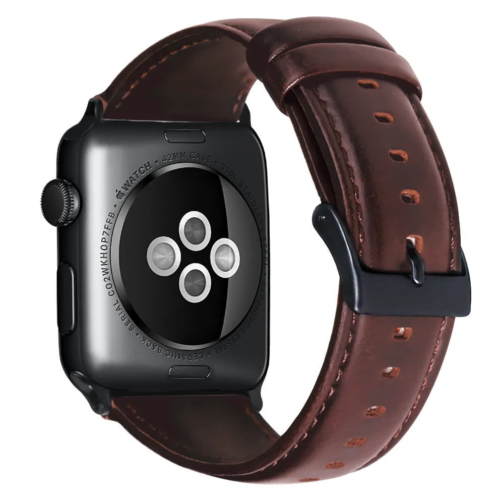 Top layer cowhide leather watch strap for Apple Watch 38-40mm and 42-44mm in oil wax finish, black colour option