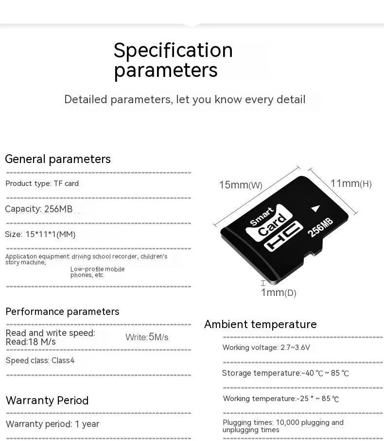 256MB capacity TF series memory card shown with scale indicating 11mm by 15mm dimensions.
