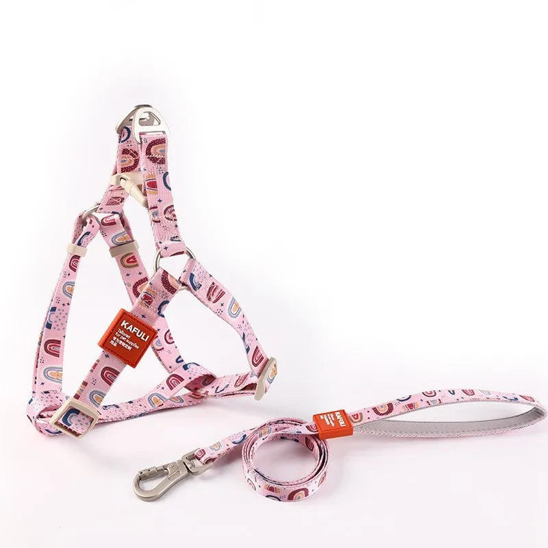 Dog harness and leash set in polyester fabric showing blue, pink and green colour options