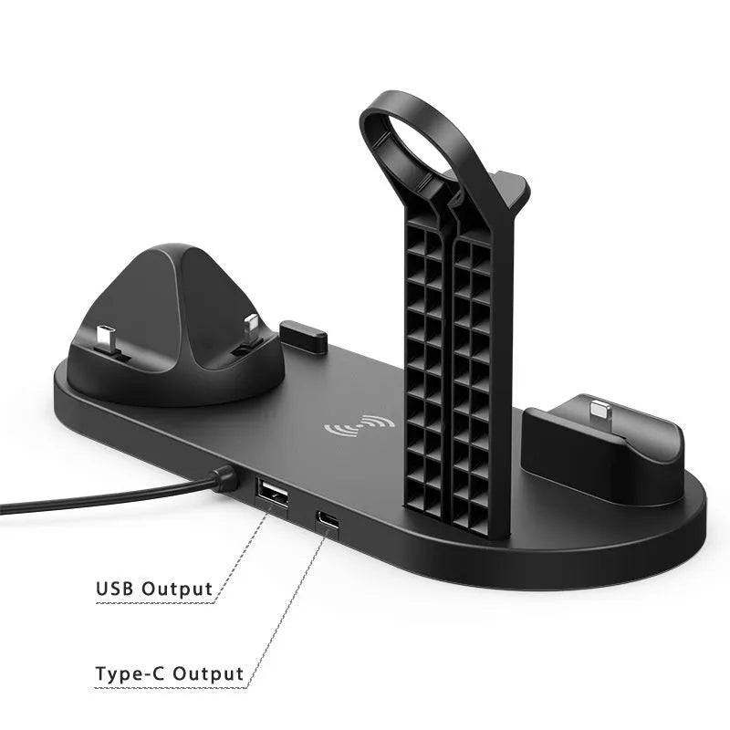 Aluminium charging stand holding a smartphone, smartwatch, and wireless earbuds.