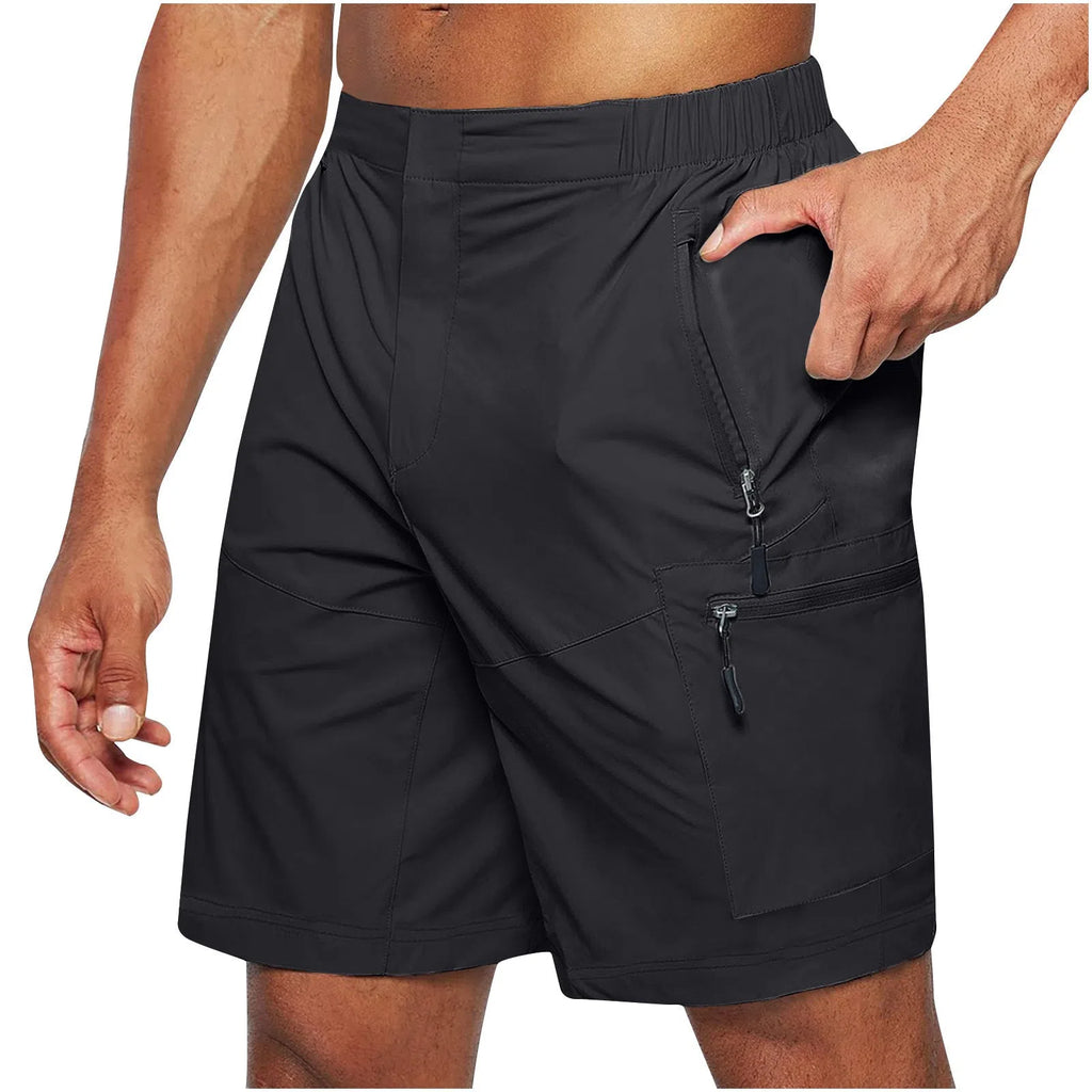 Men's casual knee-length shorts with elastic waist, straight leg, zipper fly, available in six colours.