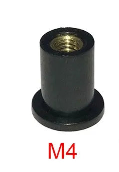 Ten black rubber brass expansion nuts for motorcycle windshield mounting in M4, M5, and M6 sizes.