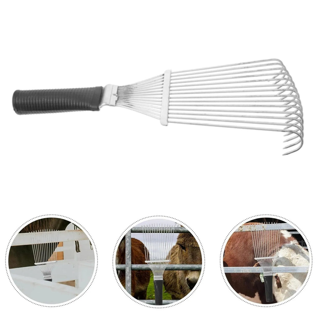 Black stainless steel animal grooming rake comb with curved teeth for horses and dogs.