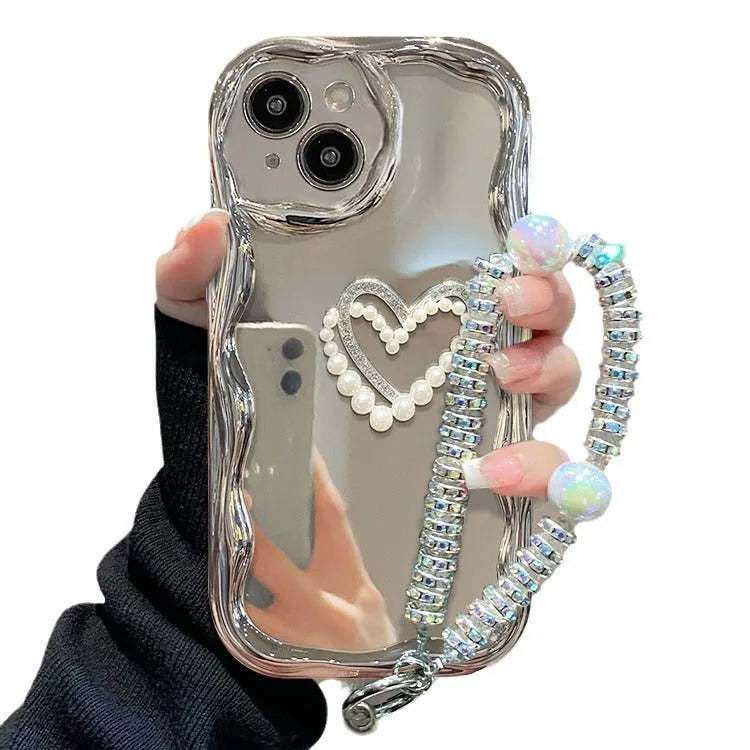 Silicone phone case for iPhone with three-dimensional pearl chain and electroplated bracelet in Silver Gray colour