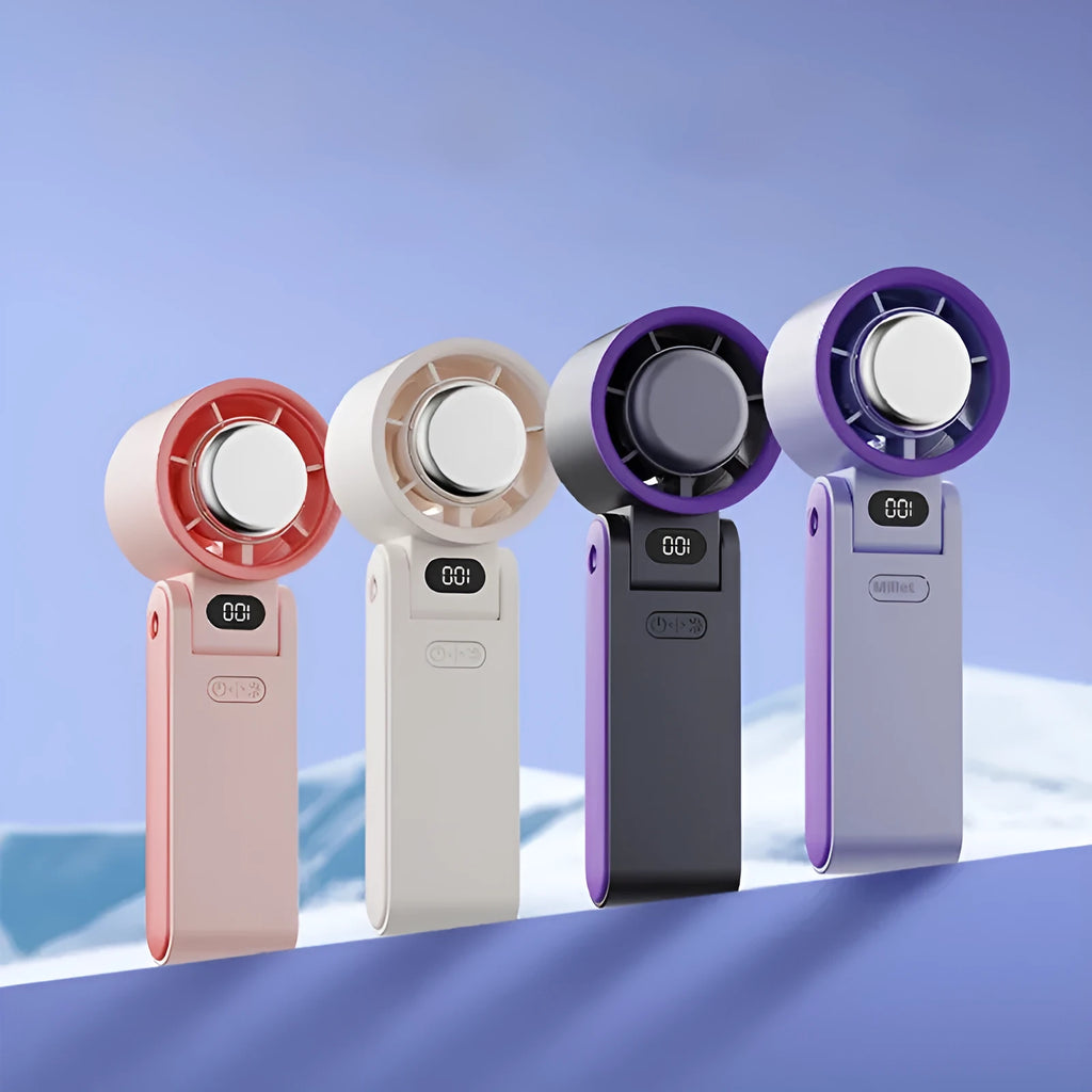 Folding handheld turbine fan with refrigeration, digital display, USB power, 3600mAh battery, in gray, white, purple, or pink.