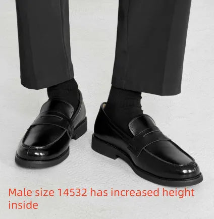 Men's black slip-on derby shoes with rubber sole showing height increasing feature