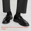 Men's black slip-on derby shoes with rubber sole showing height increasing feature