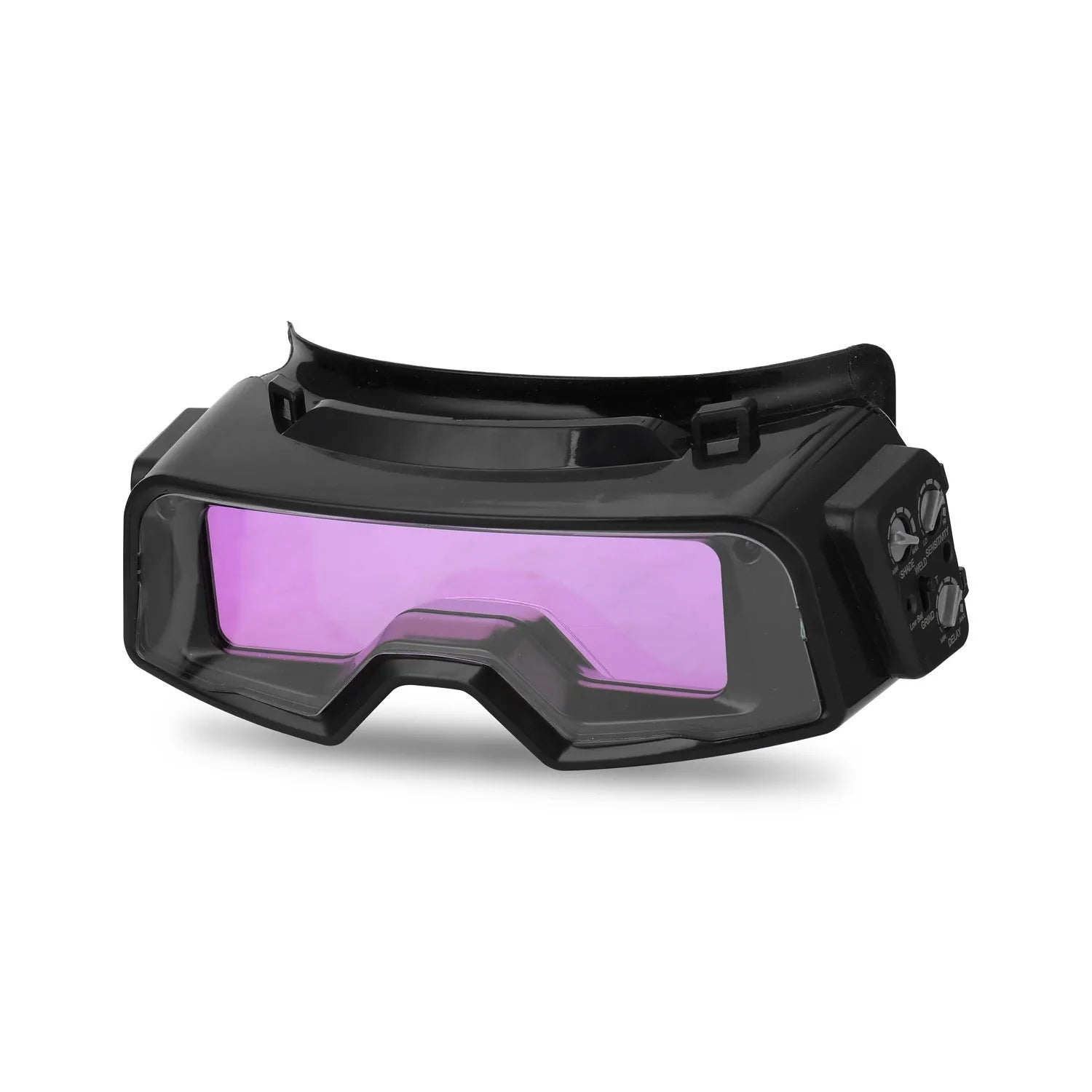 Black automatic darkening welding mask with protective headwear and a large rectangular viewing lens.