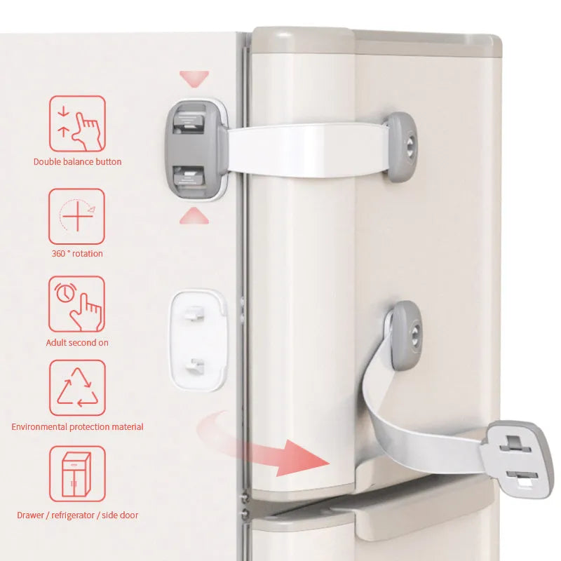Adjustable grey child safety lock with strap for cabinets and drawers using 3M adhesive tape
