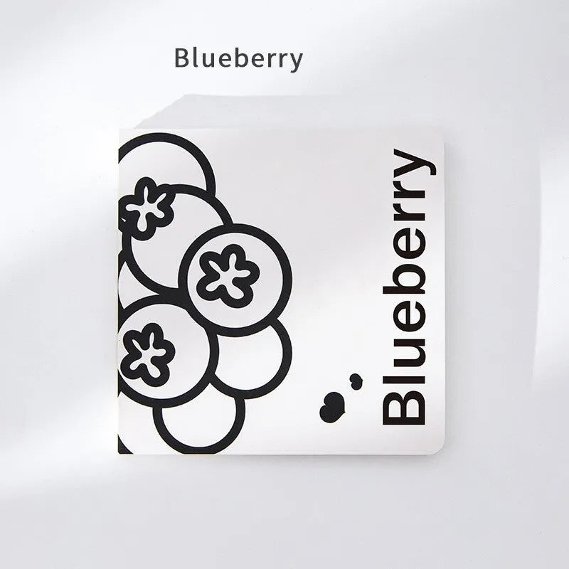 Square notebook with embossed fruit cover design showing 14.5cm dimensions and thickened paper pages