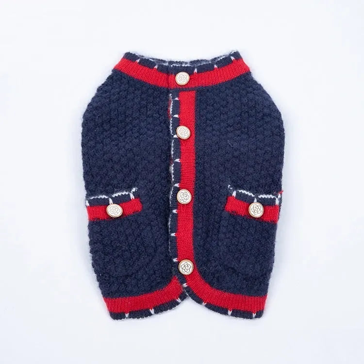 Blue knitted pet sweater cardigan with princess style design for dogs and cats