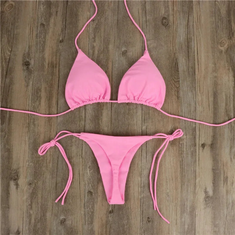 Halter neck tie bikini in milk silk fabric with split ties, available in multiple colours and sizes for women