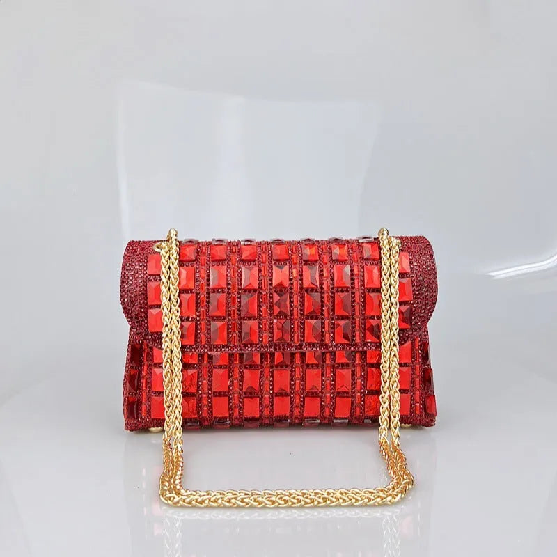 Glass rhinestone chain clutch handbag in horizontal square shape with retro styling and chain strap