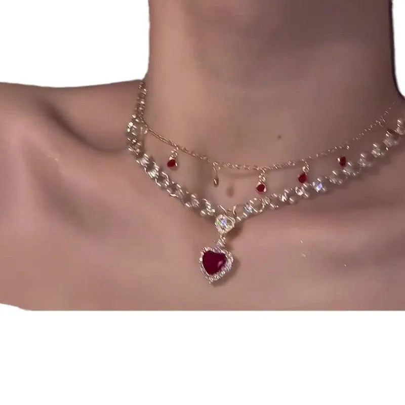 Red love pearl double layer necklace with twin chains, adjustable 41-50cm length