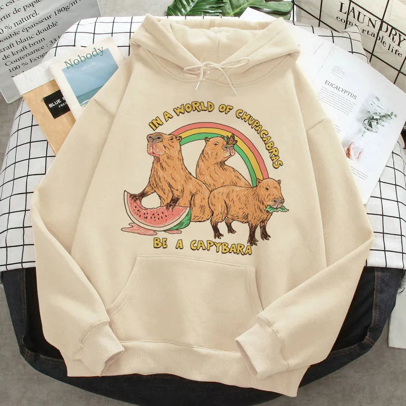 Grey capybara hoodie for women Korean hip hop anime harajuku casual pullover with hood and side pockets on model