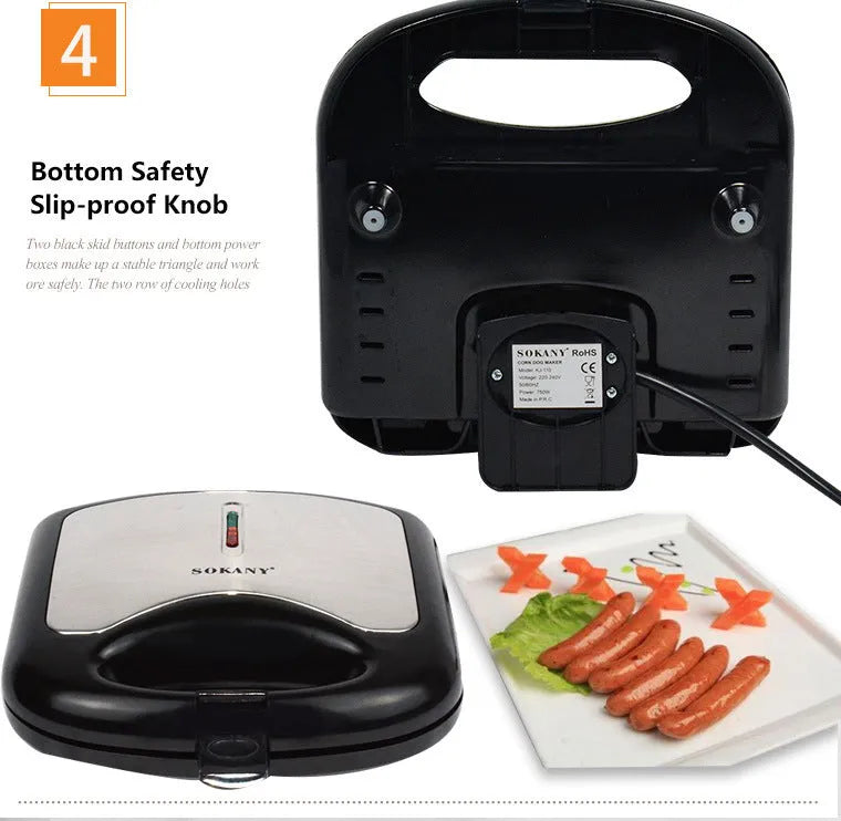 Black hot dog roast sausage frying machine with non-stick surface on kitchen counter