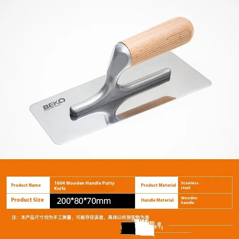 Set of three stainless steel putty scrapers with wooden handles in 70mm, 80mm, and 110mm blade sizes.