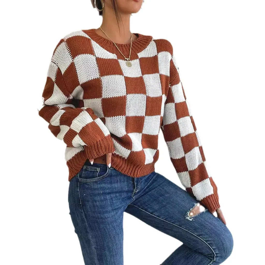 Dark brown plaid women's loose pullover sweater with round neck and long sleeves.