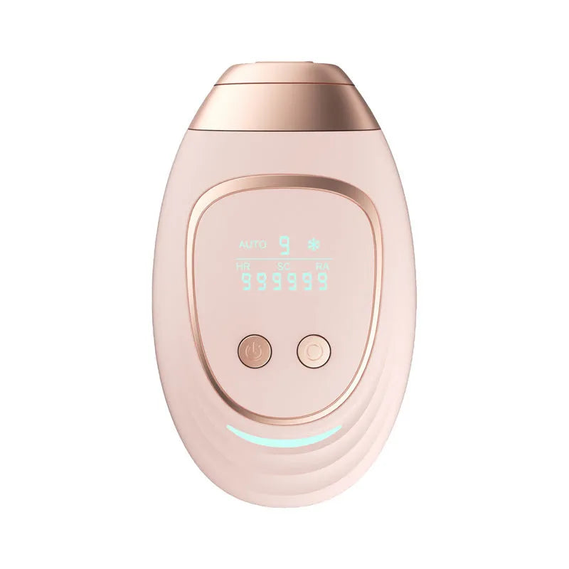 Pink and white three-in-one ice-sensing laser hair removal device with shaver attachment