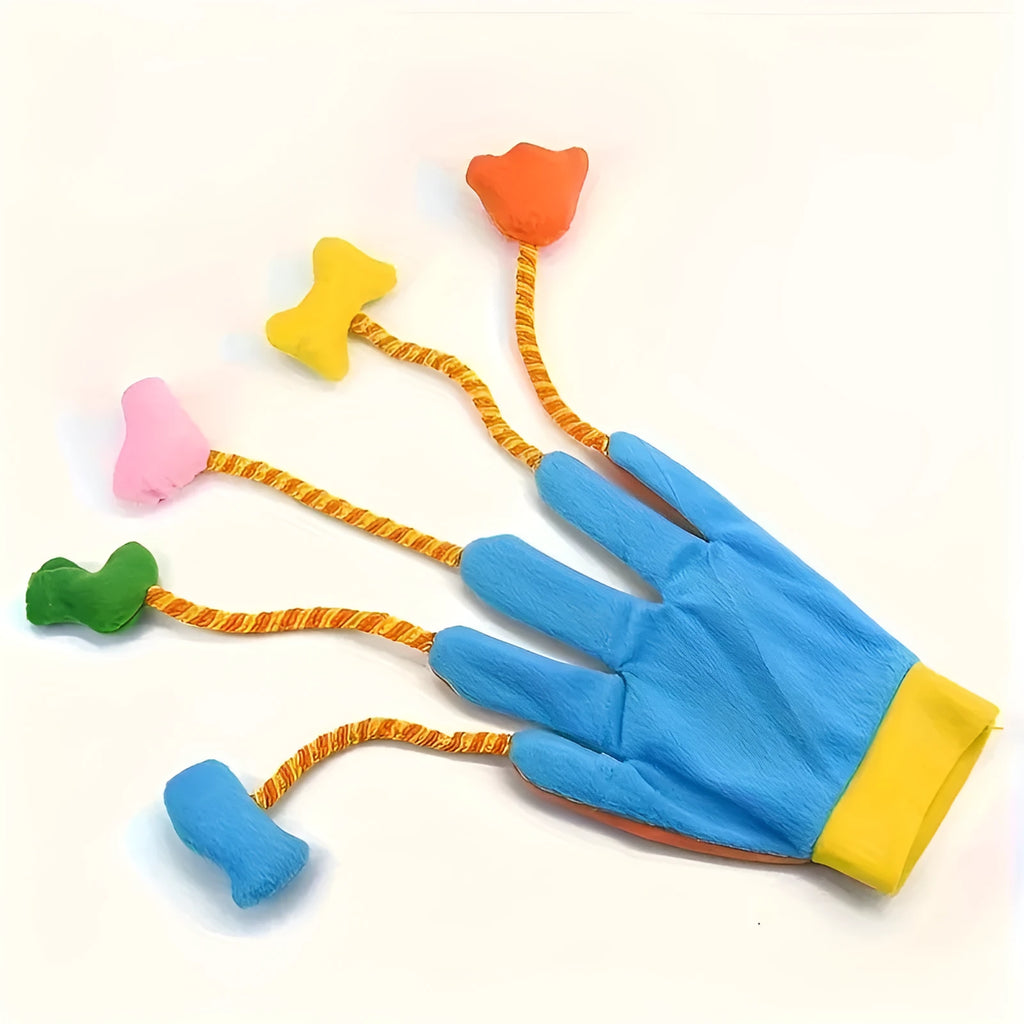 Yellow and blue plush magic glove trailer cat toy with integrated bell inside for interactive pet play