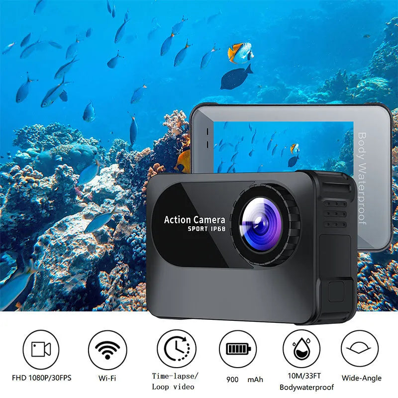 Black sports action camera with touch screen and wide-angle lens, dimensions 66x44x31mm
