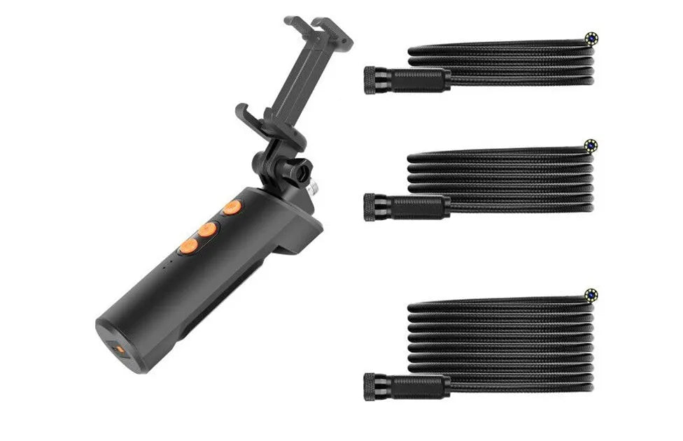 Black dual camera endoscope with IP68 waterproof lens, 9 adjustable LEDs, and 1960x1080 resolution for pipeline inspection.
