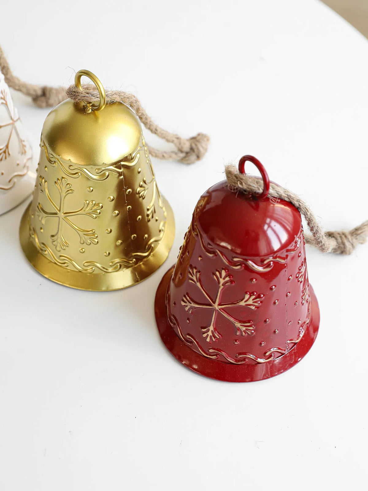Christmas iron bell ornament with Santa Claus and snowman design in gold finish