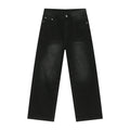 Men's loose straight washed cotton jeans in black gray, front view