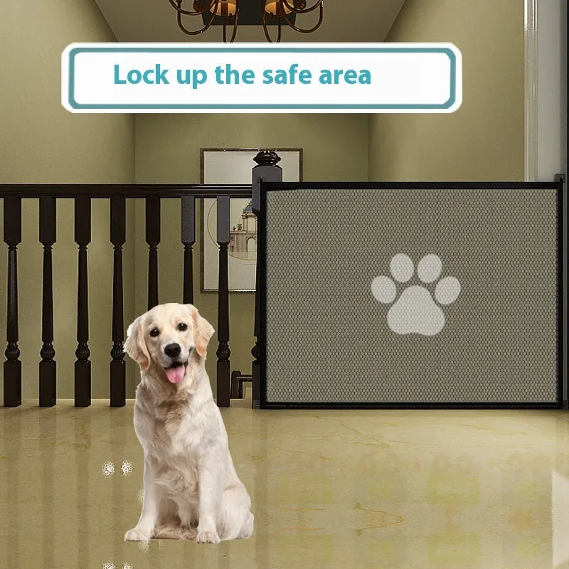 Portable folding dog barrier net with plastic rod frame in black dog footprint design