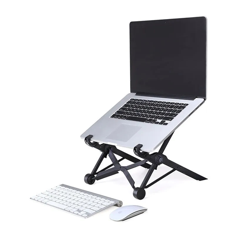 Sagacious black folding computer bracket with carrying case, shown in deployed and folded positions