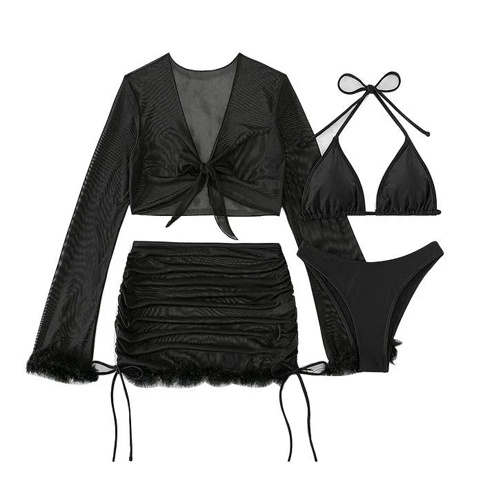 Black women's long-sleeve bikini set for swimming and beach activities