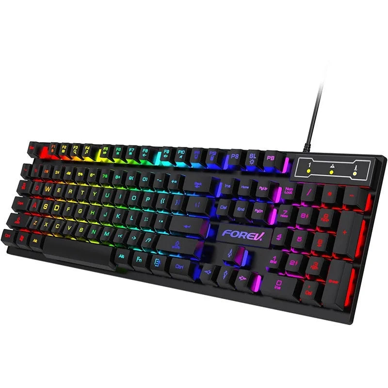 Black gaming keyboard with 104 backlit keys bundled with matching mouse on desktop