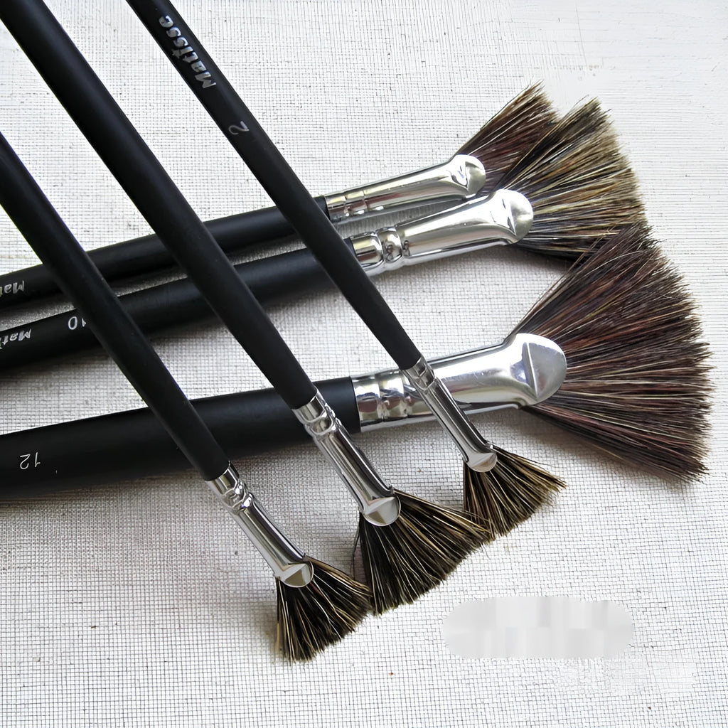 Matisse wild boar mane fan brush set of 6 with black birch handles and nickel plated copper ferrules on white background