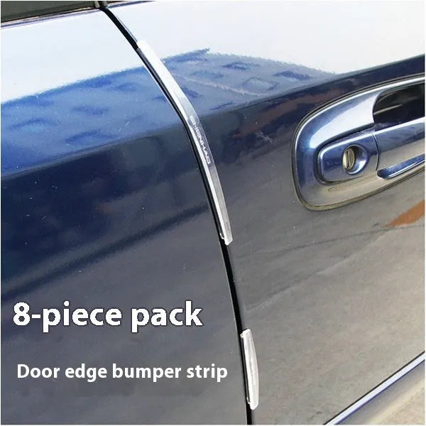 White plastic car door edge protector strip with adhesive backing, shown against a vehicle door.